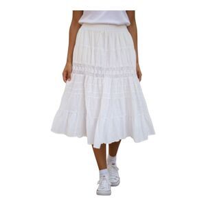 Kim Rogers Boho Skirt Prairie White Tier Skirt Crochet Eyelets Lined Pull On PL
